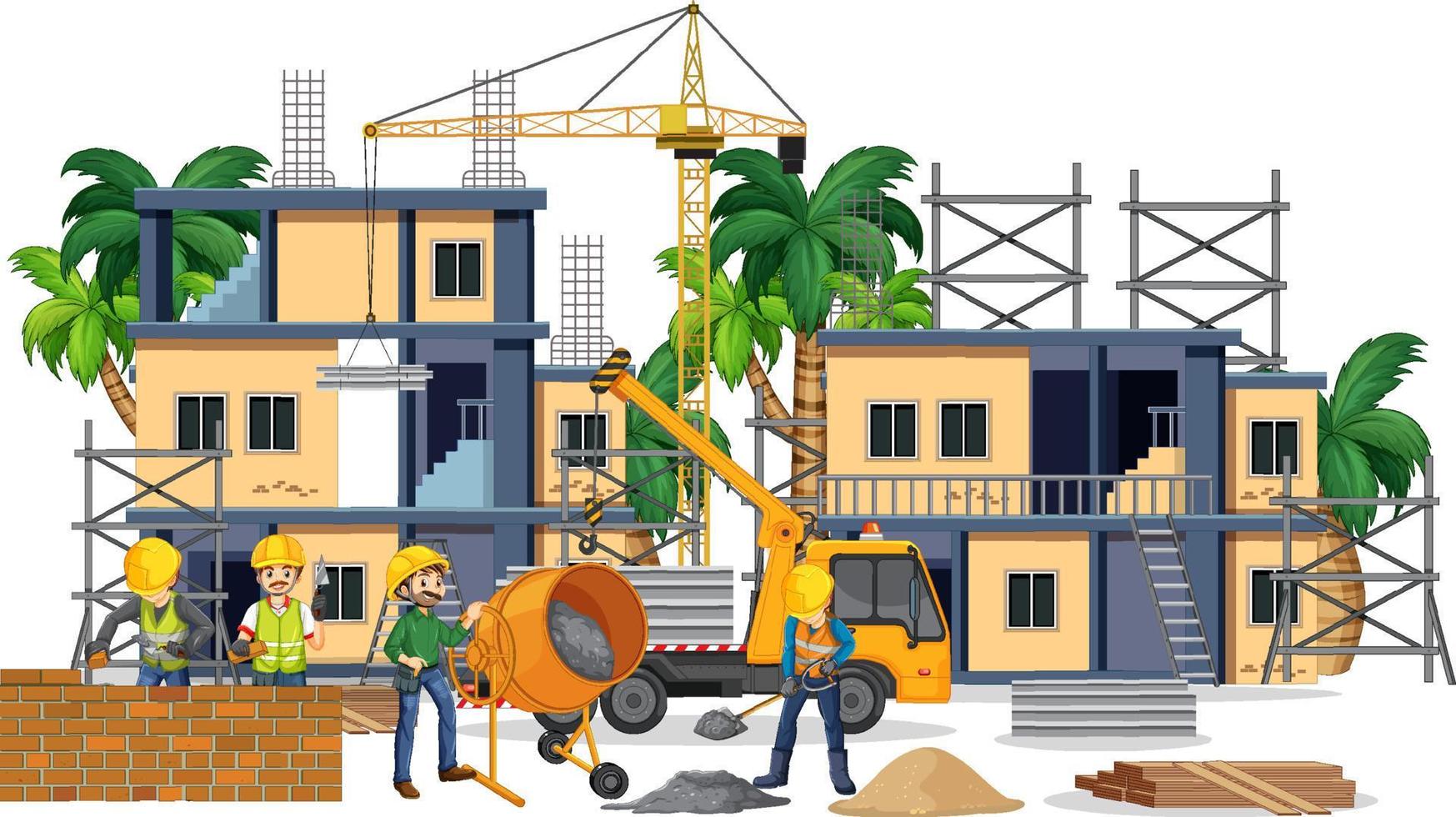 sitio de construcción de edificios con trabajadores de dibujos animados vector