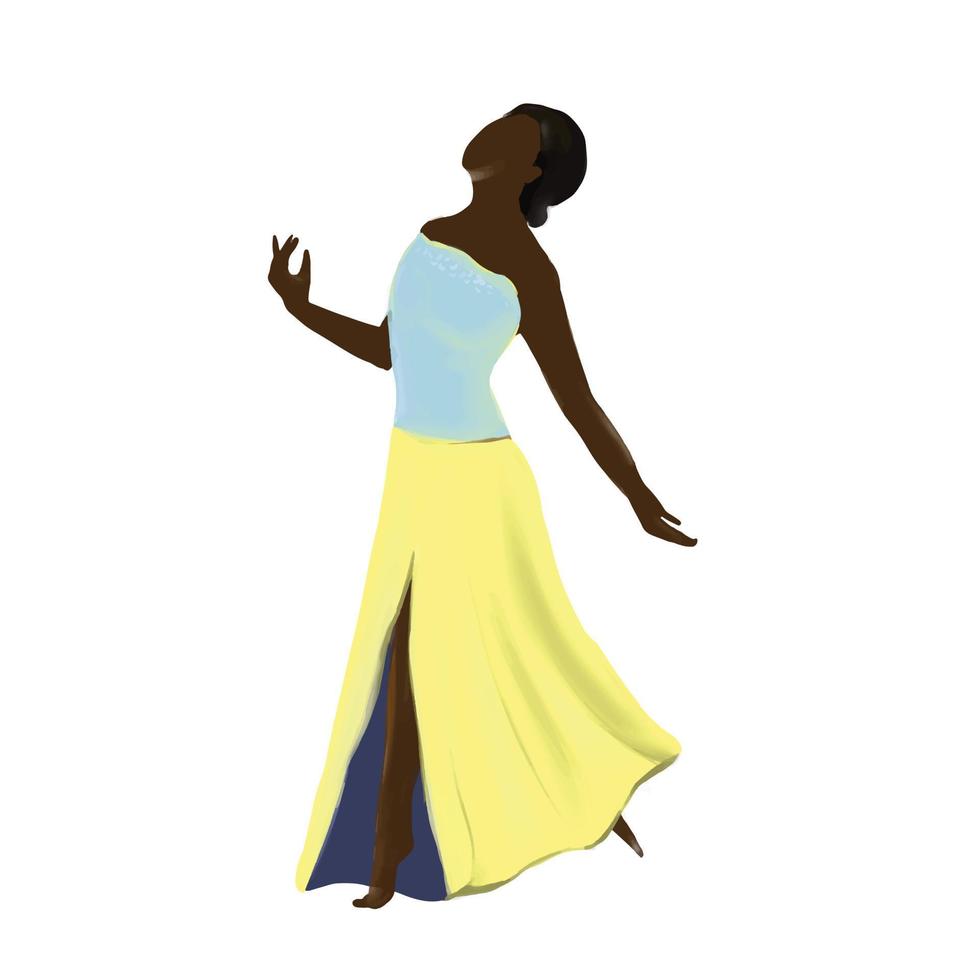 mujer de piel oscura bailando con un vestido de noche en un salón de baile, ilustración vectorial vector