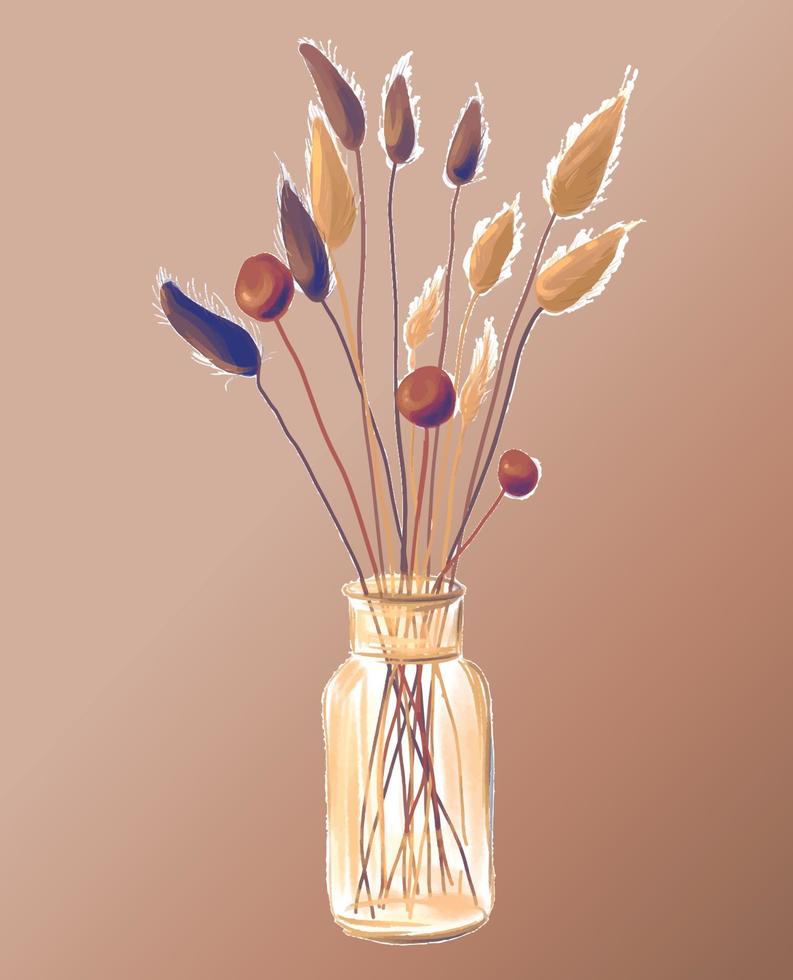 autumn bouquet of dry leaves and branches of field plants in a vase, vector illustration