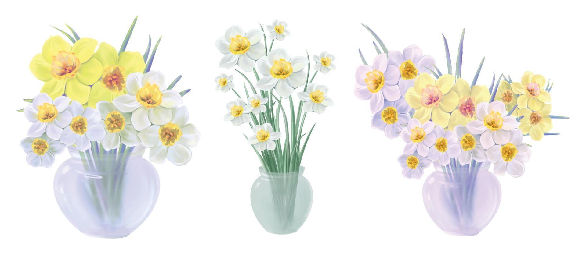 conjunto de ramos florecientes de flores de narciso amarillas y blancas en una ilustración de vector de jarrón