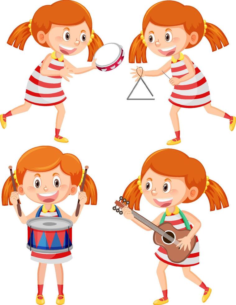 Set of girl with ponytail playing music instrument vector