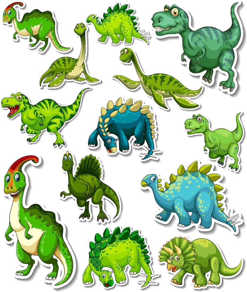 conjunto de pegatinas de diferentes dibujos animados de dinosaurios vector