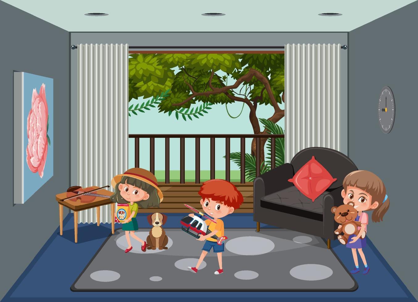 Living room scene with children cartoon character vector