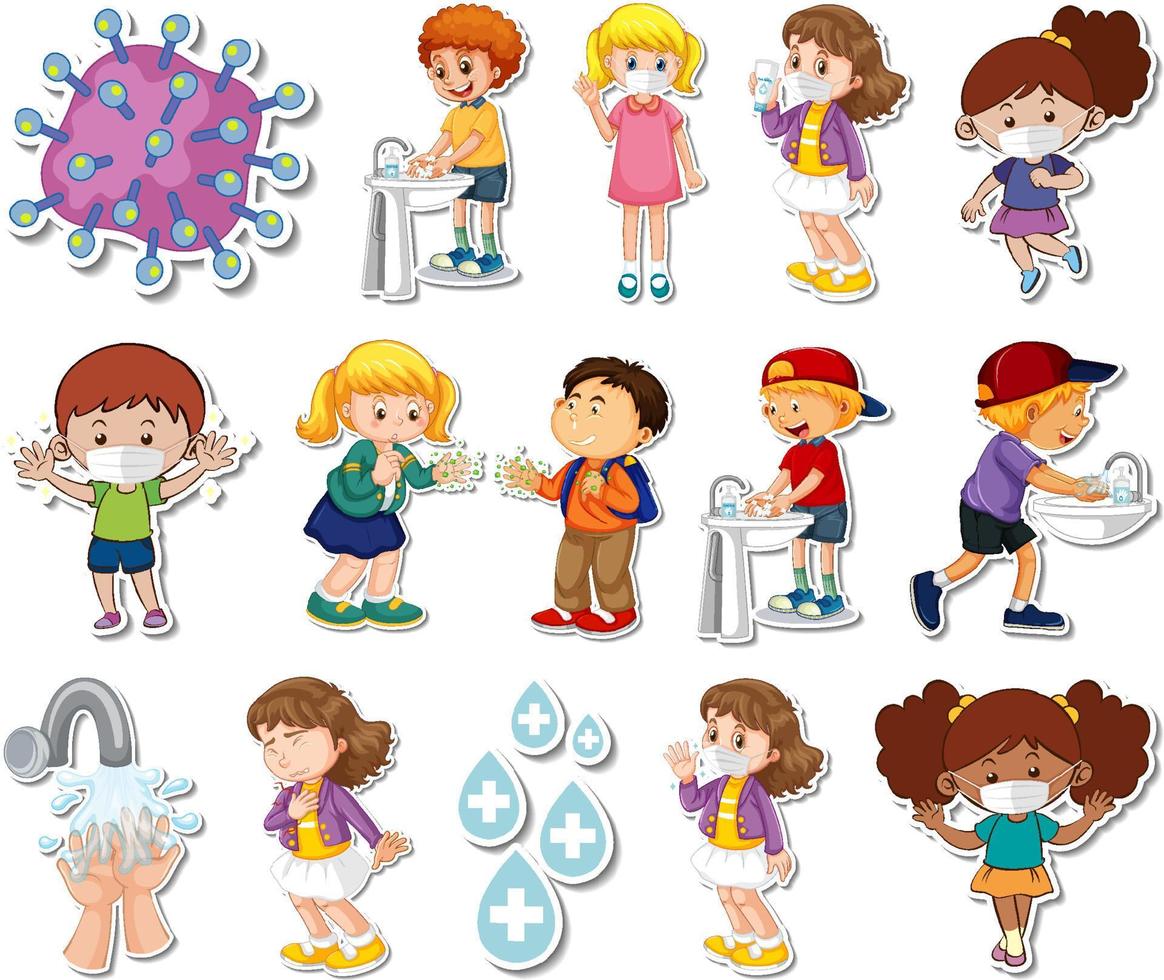 Sticker set of covid19 icons and cartoon characters vector