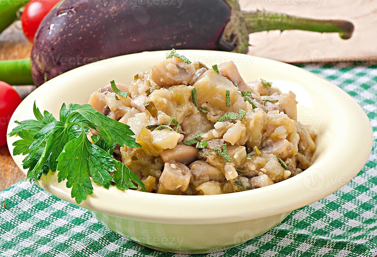 Sauteed mushrooms and eggplant photo