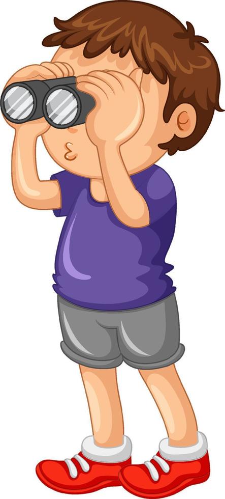 Boy look through binoculars on white background vector