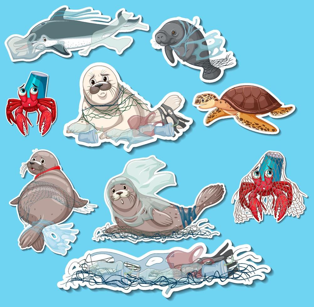 Sticker pack of different sea animals stuck in plastic vector