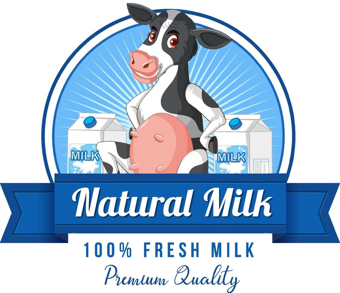 logotipo de la etiqueta de leche natural con una caricatura de vaca lechera vector