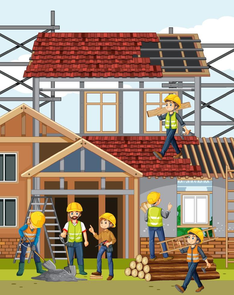 Building construction site with workers vector