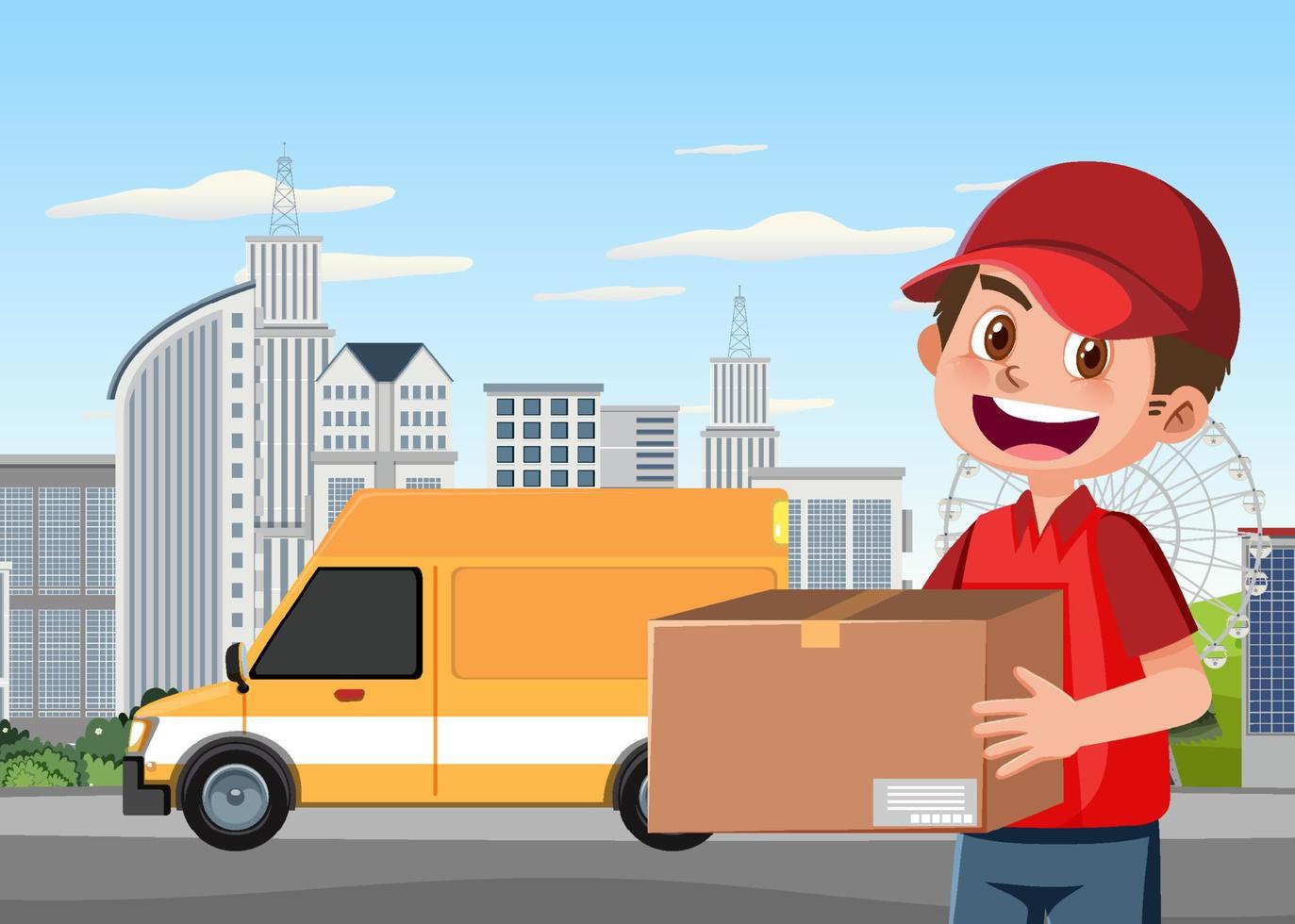 Delivery man with package in the town vector
