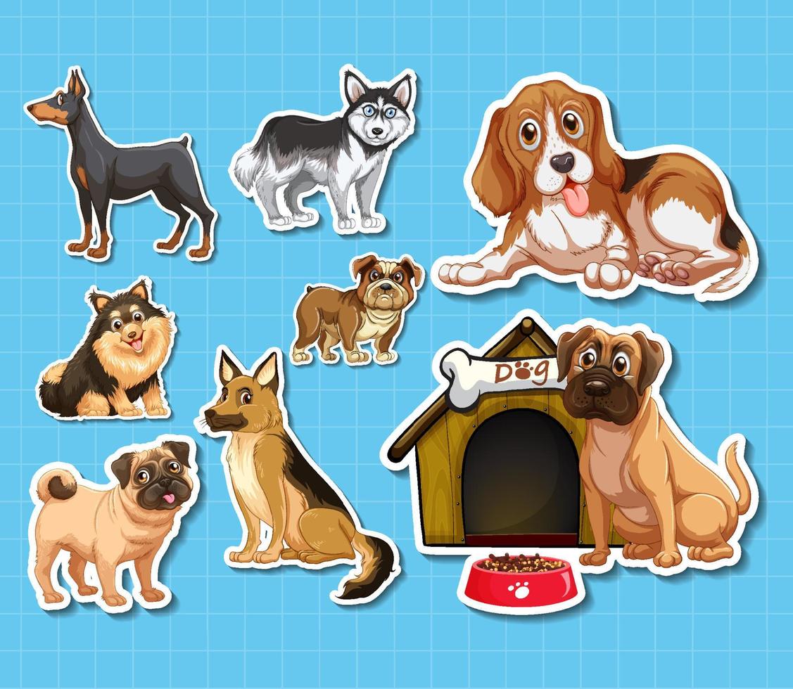 Sticker set of different dogs cartoon vector