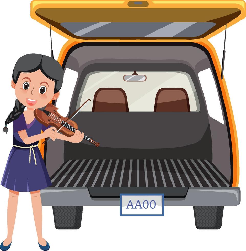 Girl playing violin behind the truck vector