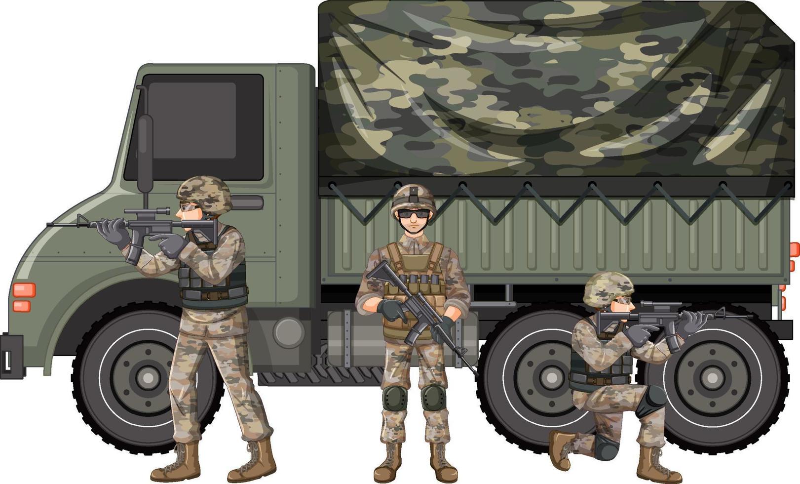 vehículo militar y soldado de fondo blanco vector