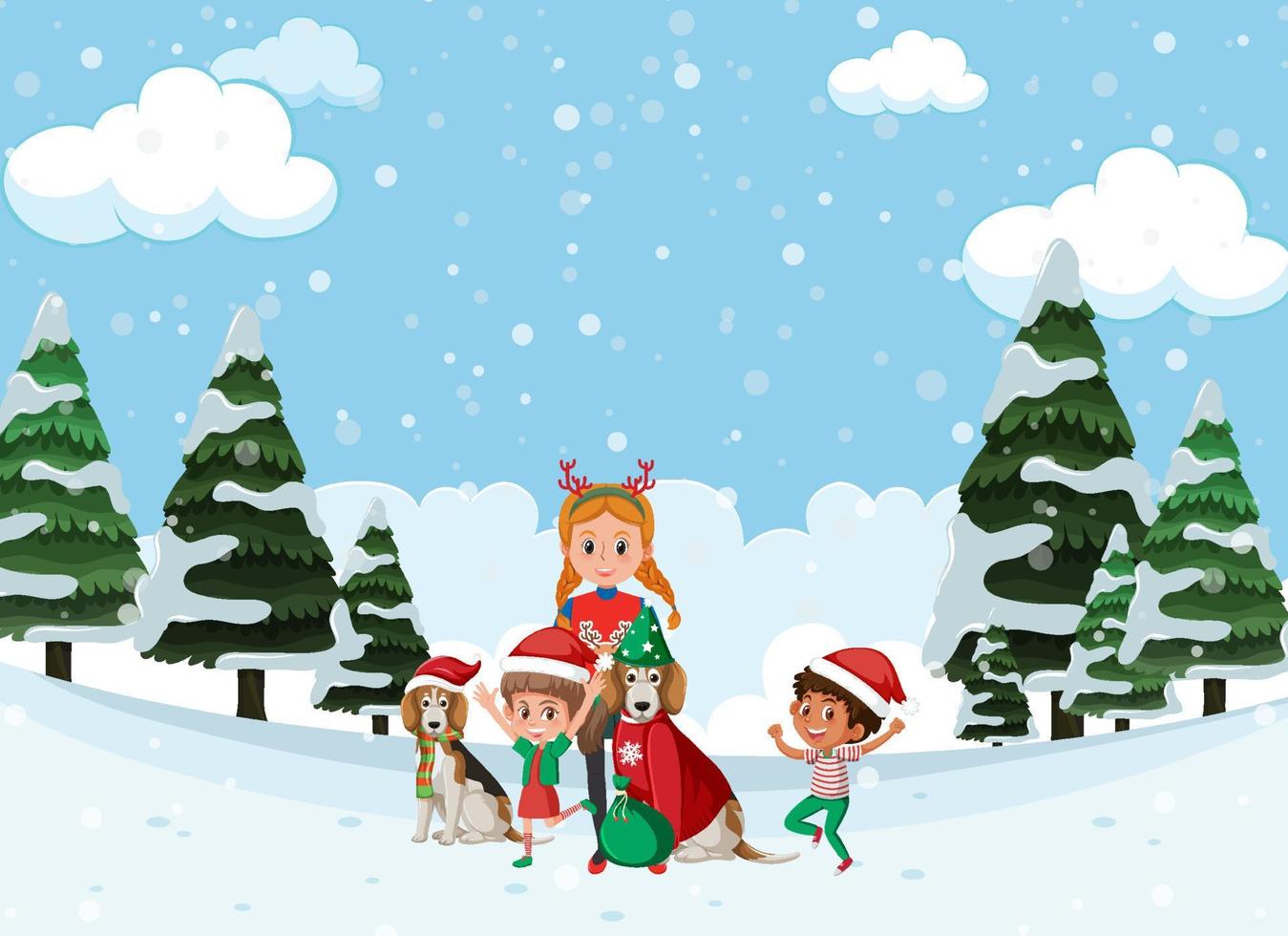 Christmas theme with children playing in snow vector