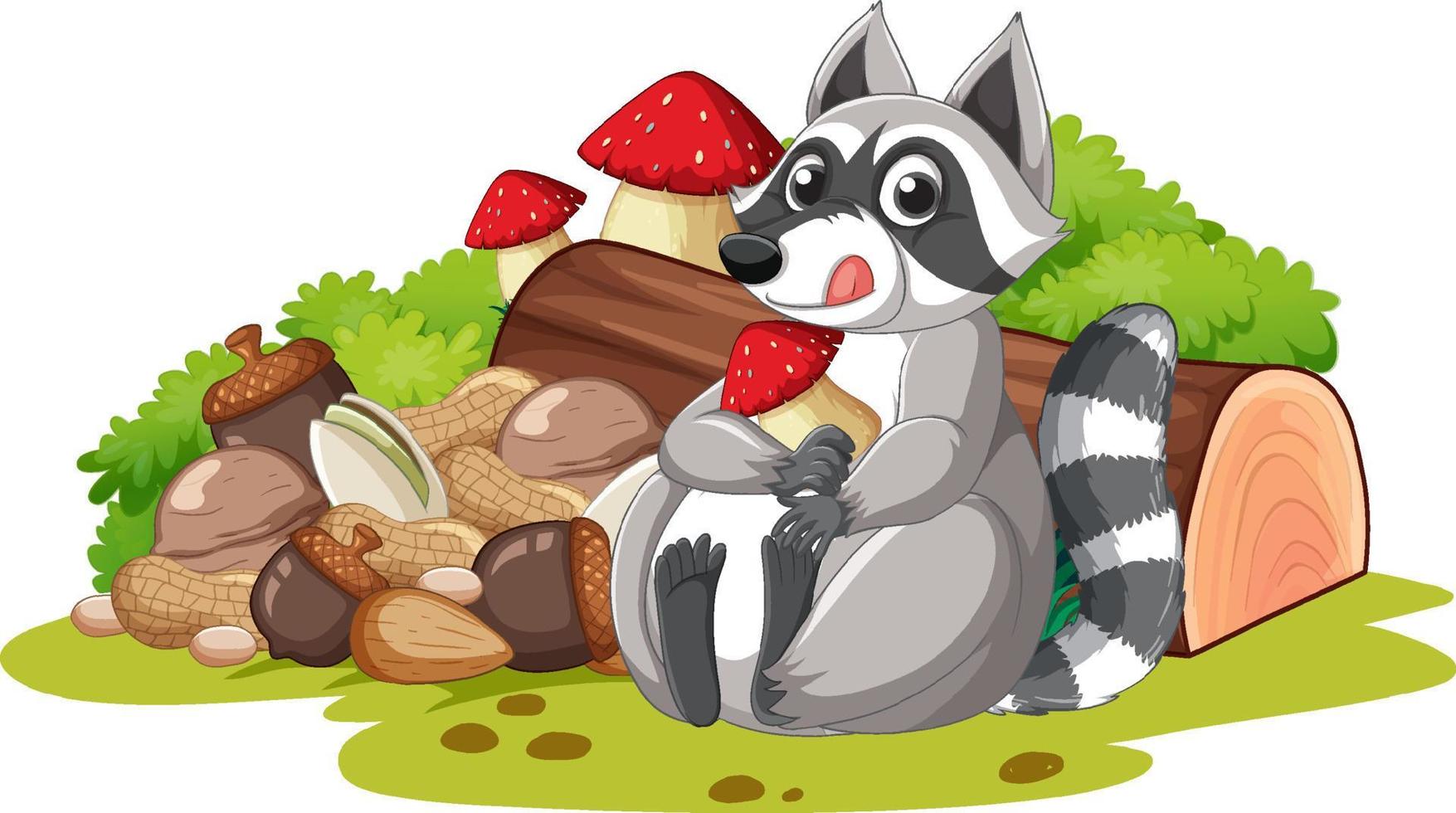 Cute raccoon with pile of nuts vector