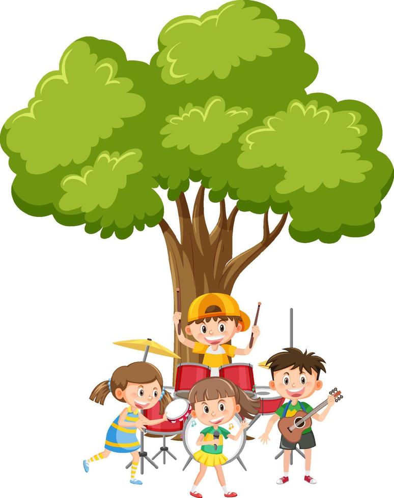 Children playing music under the tree vector