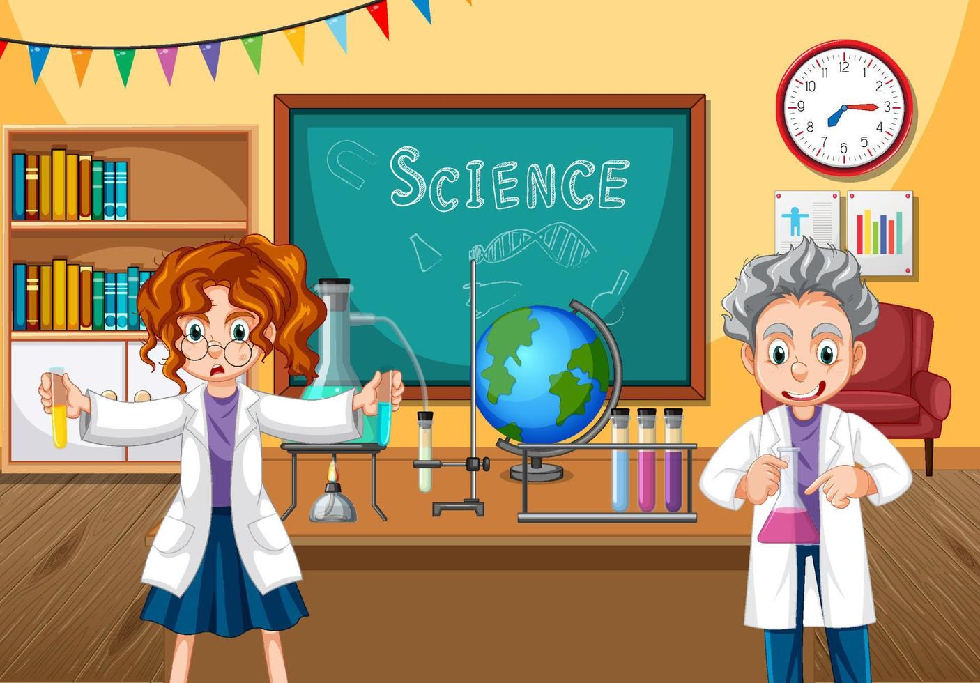 Classroom scene with scientist doing experiment vector
