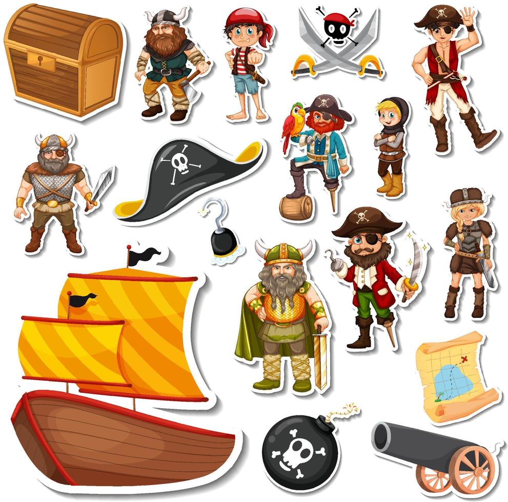 paquete de pegatinas de personajes y objetos de dibujos animados piratas vector