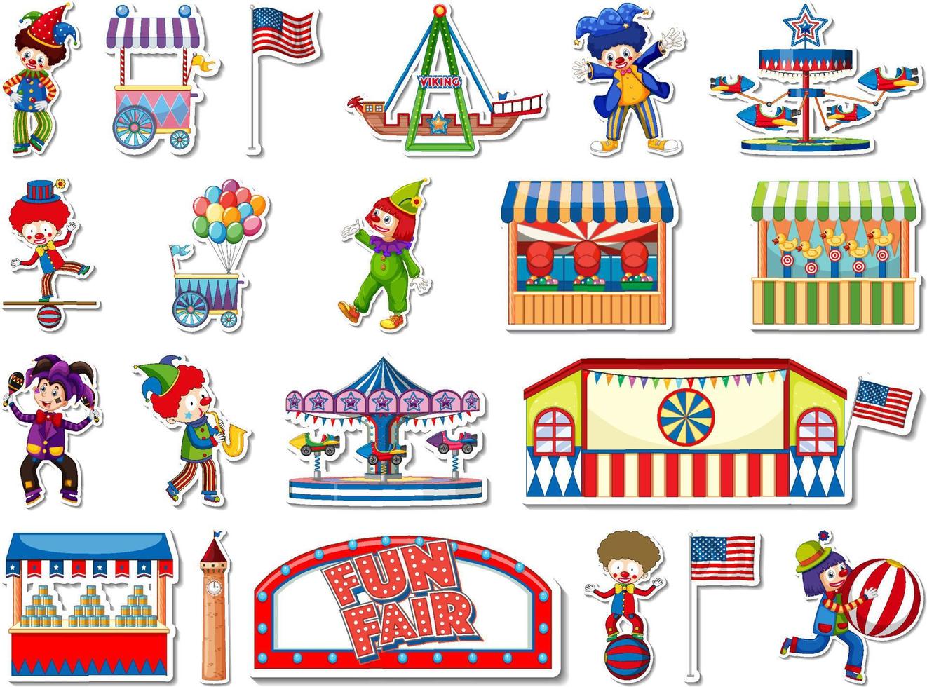 Sticker set of amusement park and fun fair objects vector