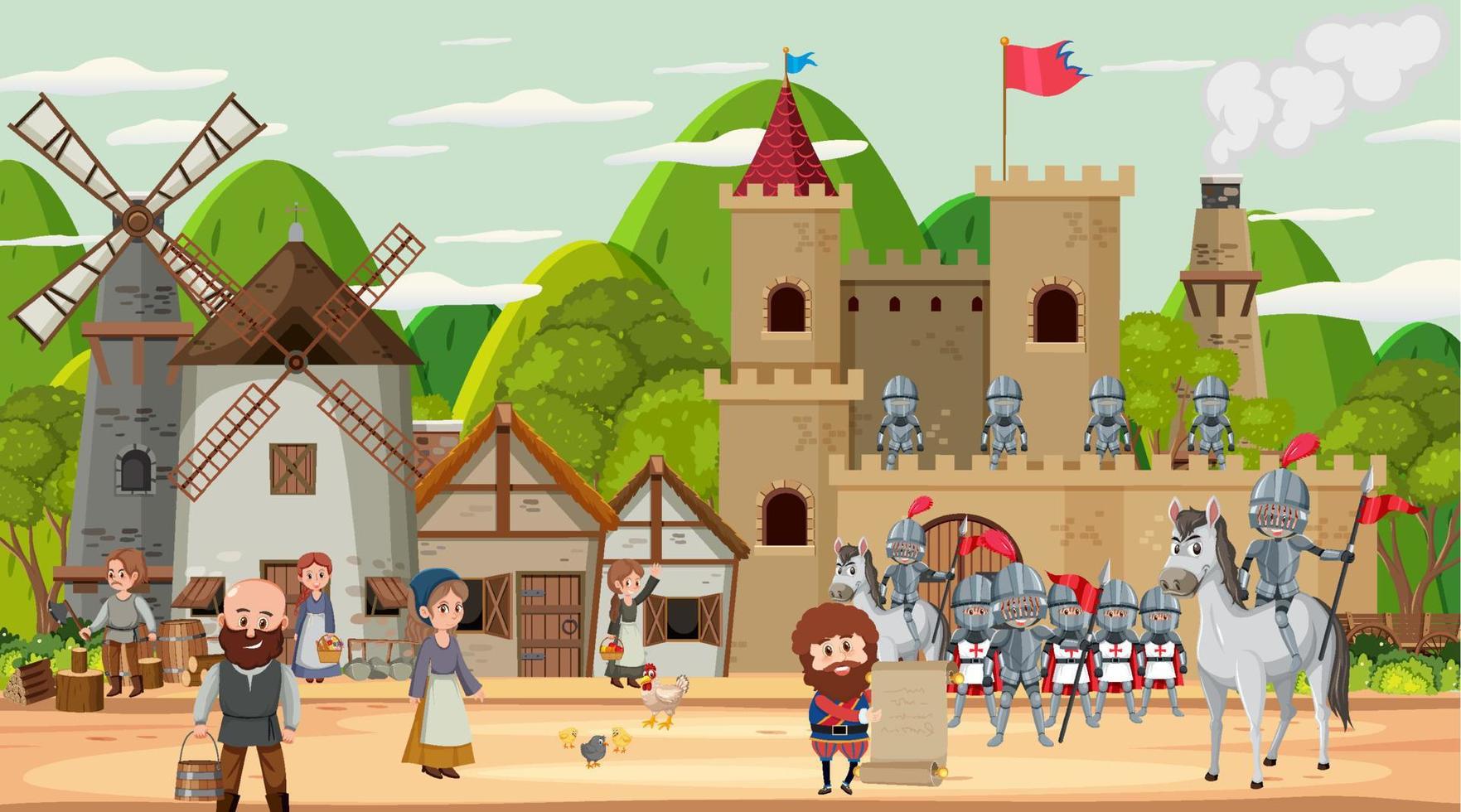 Medieval town scene with villagers vector