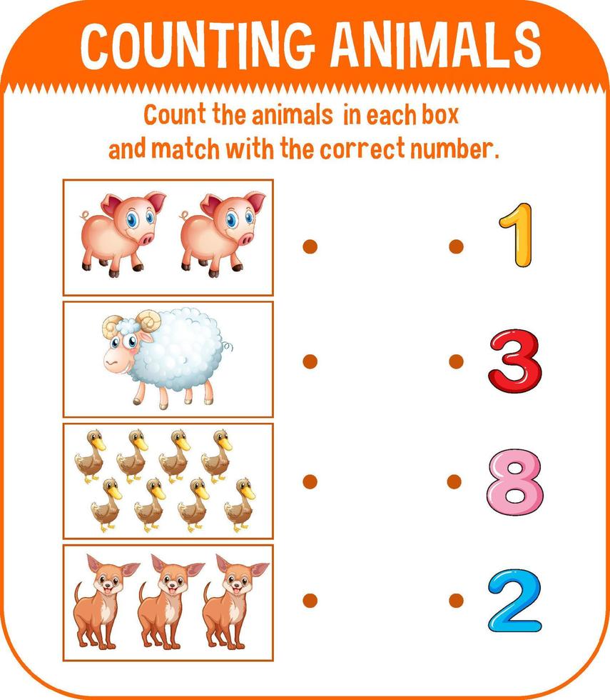 Worksheet design for counting animals vector