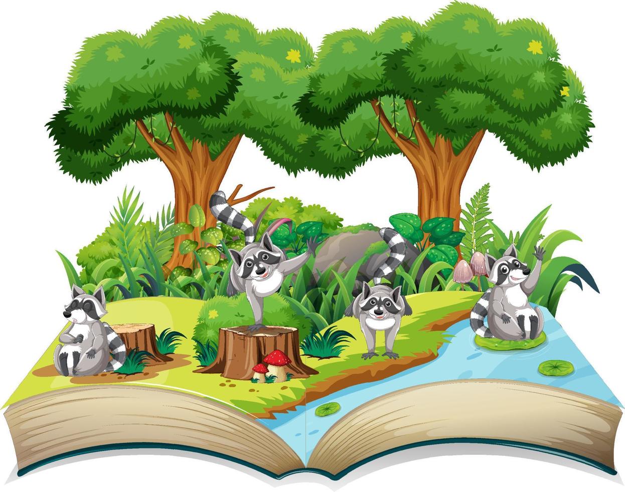 libro de cuentos con mapaches en el bosque vector