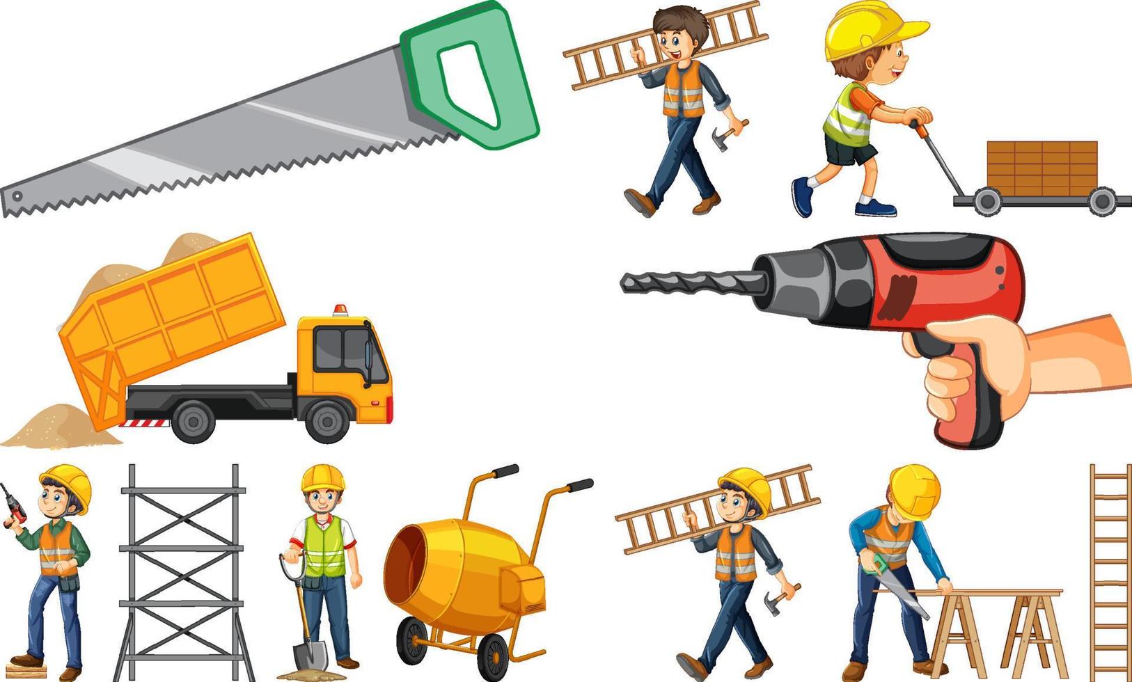 Set of construction site objects and workers vector