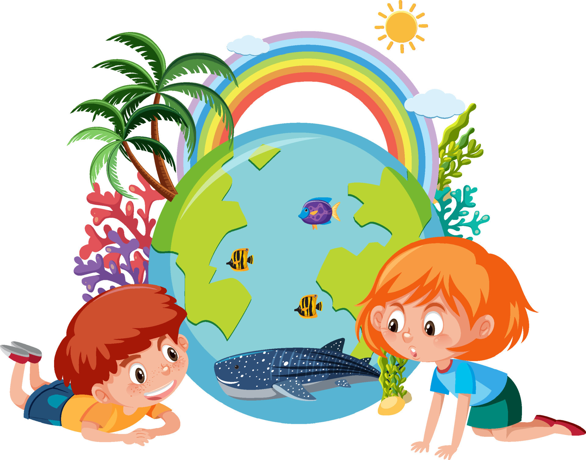 Two kids with earth globe and rainbow in cartoon style 7208862 Vector Art  at Vecteezy