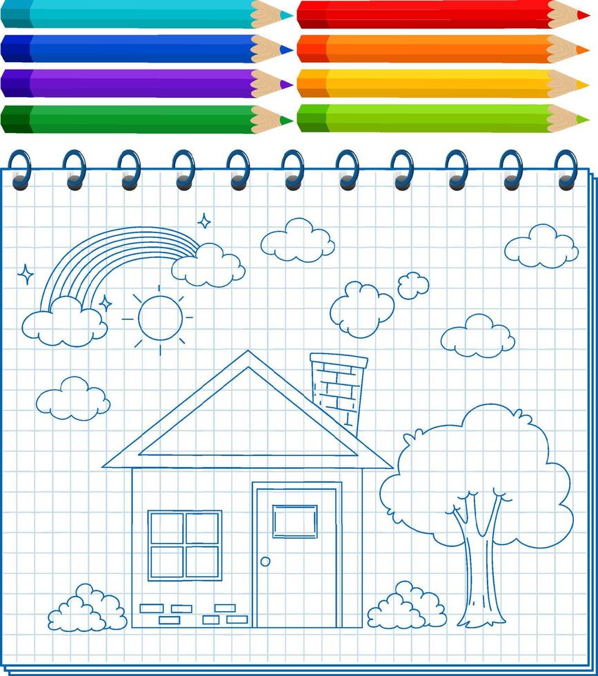 A notebook with a doodle sketch design and colour pencils vector