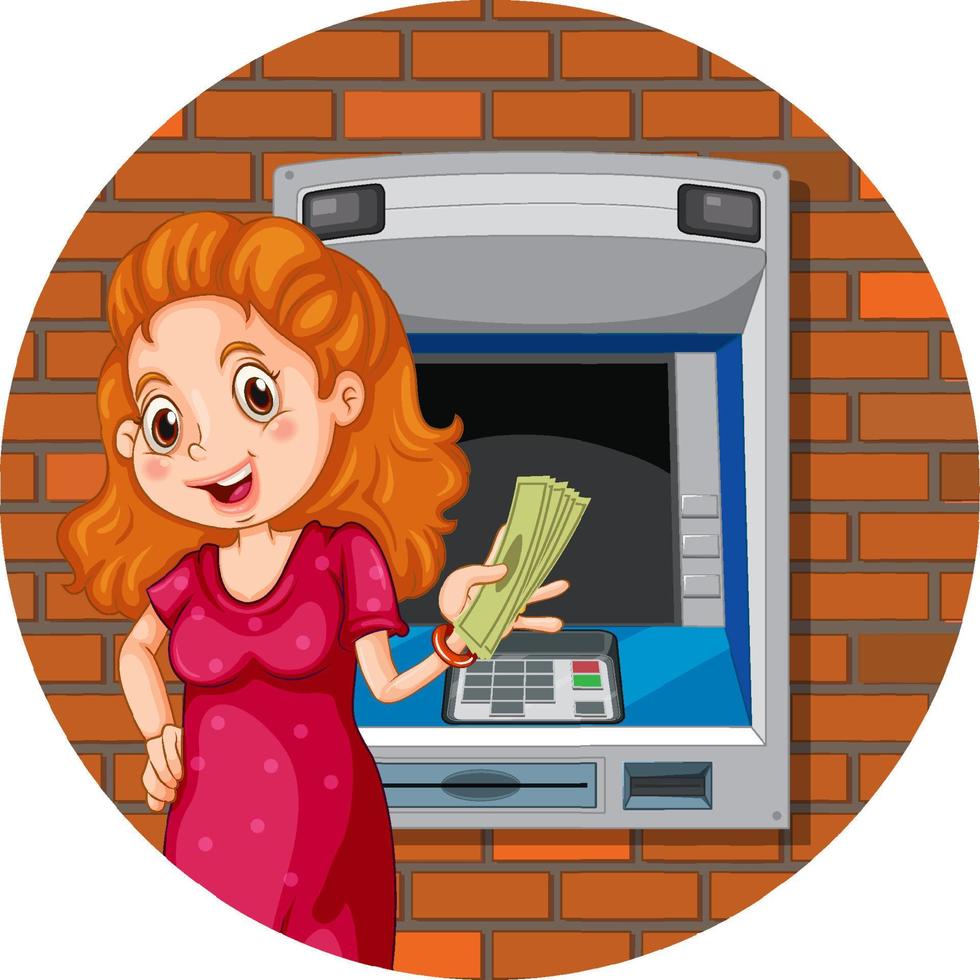 A woman holding cash money in front of atm vector