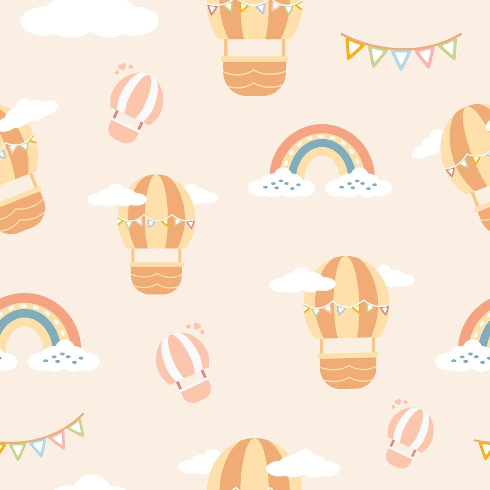 cute baby seamless pattern on white background. Air Balloon, cloud, rainbow element. vector