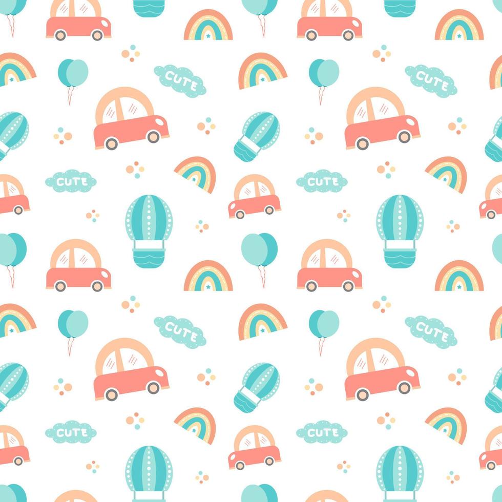 cute baby seamless pattern of cars on white background. Air Balloon, cloud, car element. vector