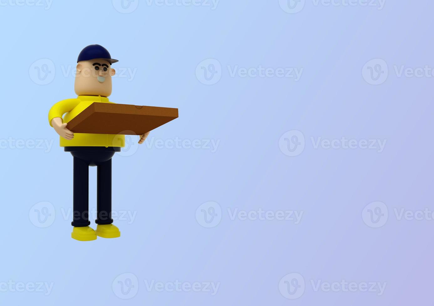 repartidor de pizza en uniforme amarillo 3d render foto