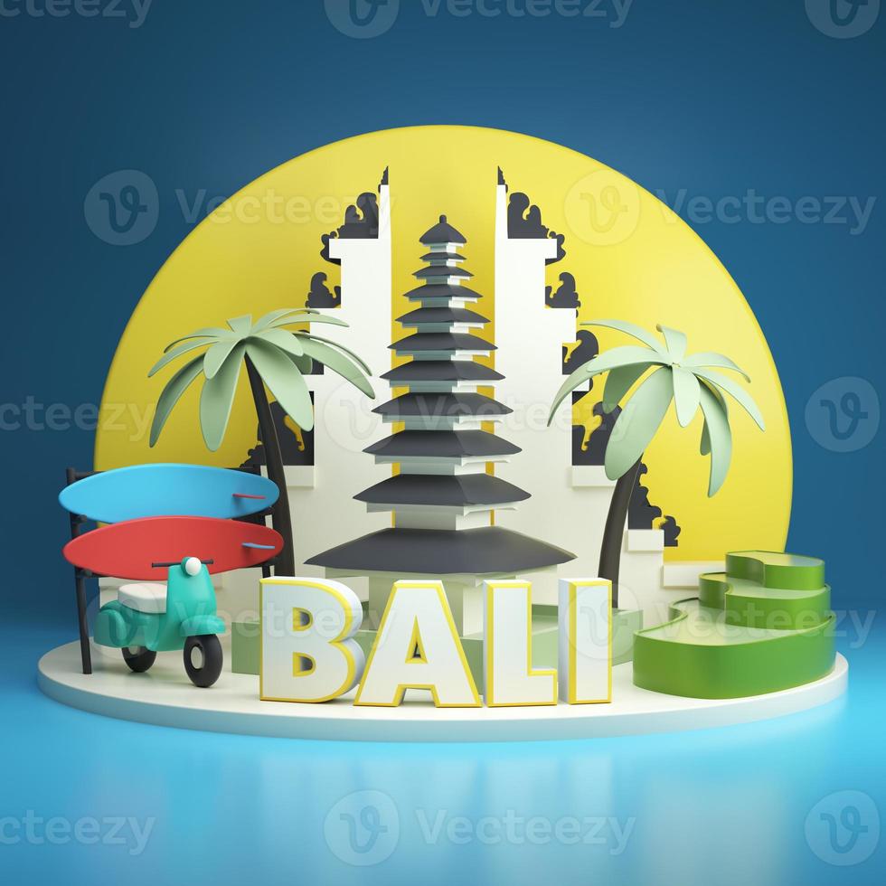 Bali attractions temple surfing and bike 3d render photo