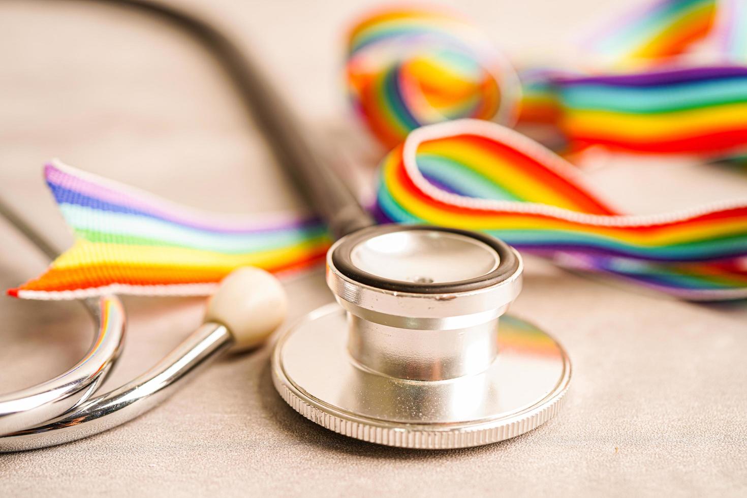 LGBT symbol, Stethoscope with rainbow ribbon, rights and gender equality, LGBT Pride Month in June. photo