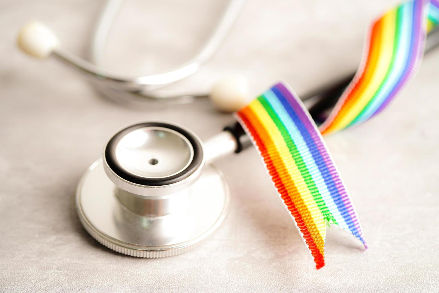 LGBT symbol, Stethoscope with rainbow ribbon, rights and gender equality, LGBT Pride Month in June. photo