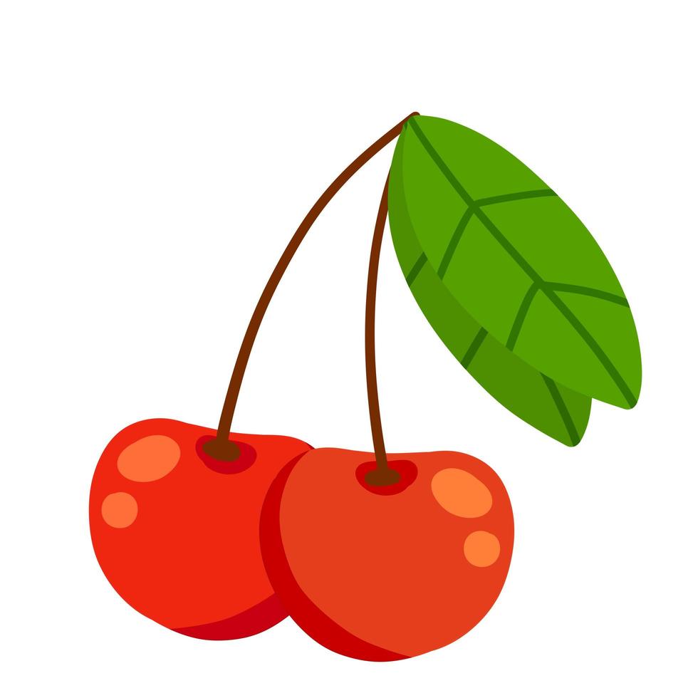 cereza. baya roja con ramita y una hoja. comida dulce y fresca. vector