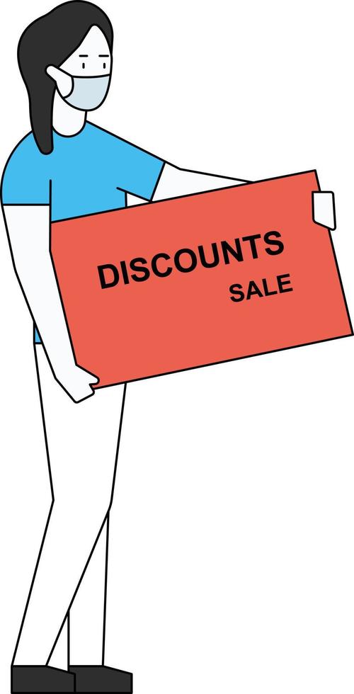 The girl is standing with a discount sale offer in her hand. vector