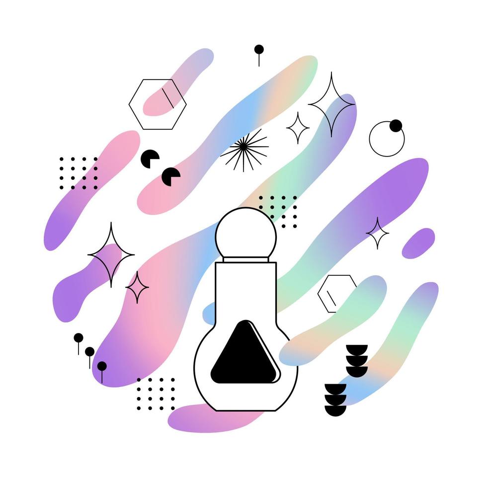 Cosmetic spray bottle for perfume. Beauty product on the background of holographic splashes with geometric shapes. Vector flat illustration.