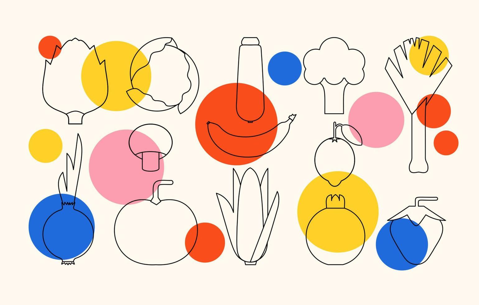 Set of vegetables and fruits icons. Organic food linear illustration. Geometric vector illustration of healthy eating concept