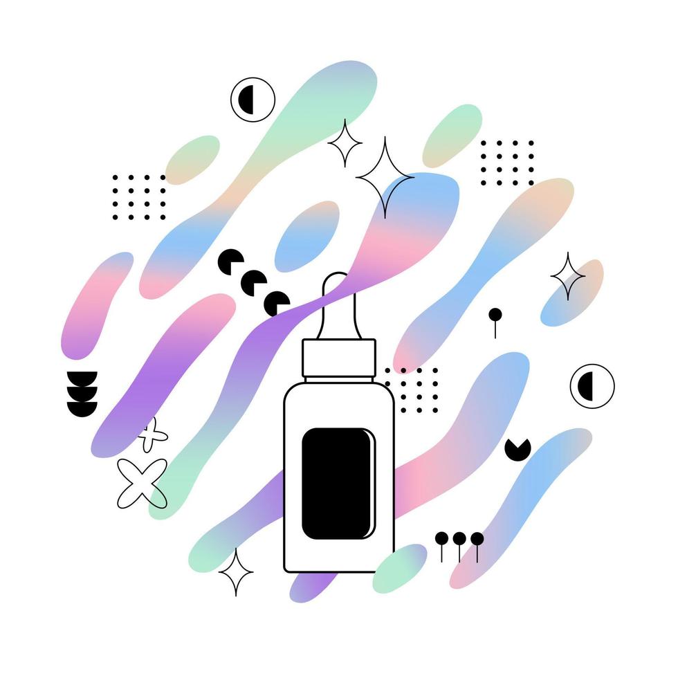 Cosmetic bottle for serum, essence, essential oil and skincare products. Dropper bottle on the background of holographic splashes with geometric shapes. Vector flat illustration.