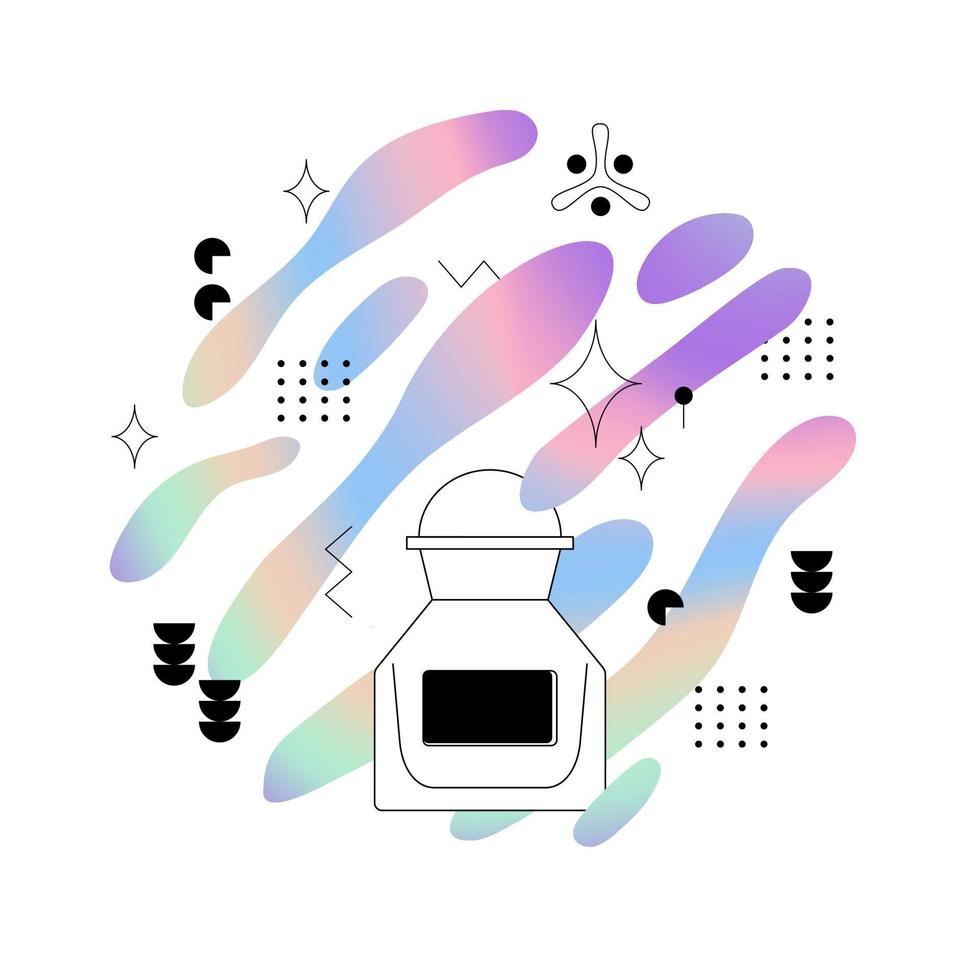 Cosmetic bottle for perfume on the background of holographic splashes with geometric shapes. Spray beauty product .Vector flat illustration vector