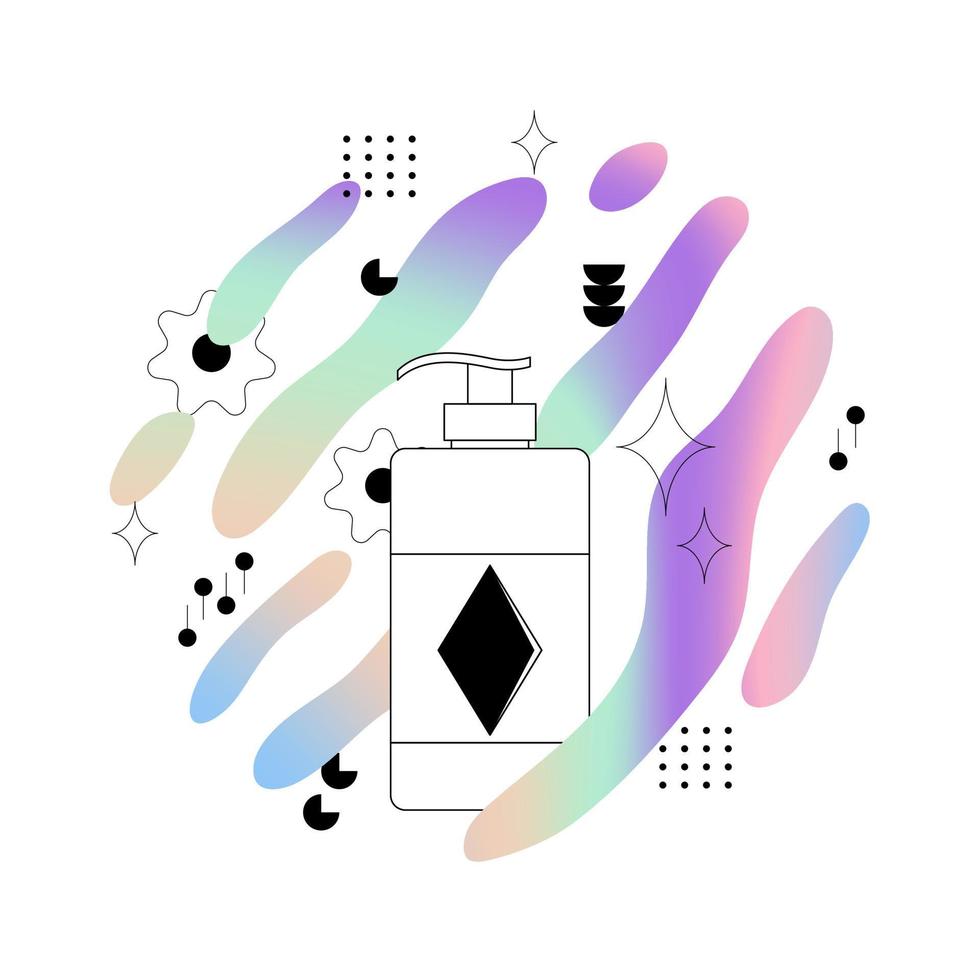 Vector packaging with lotion or shampoo dispenser on the background of holographic splashes with geometric shapes. Bottle of skin care product. Flat drawing