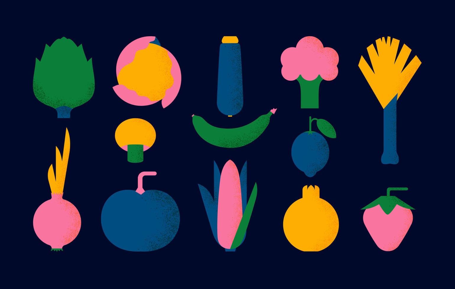 Decorative set of vegetables and fruits. An organic product of fresh vitamin products. Flat geometric vector style.