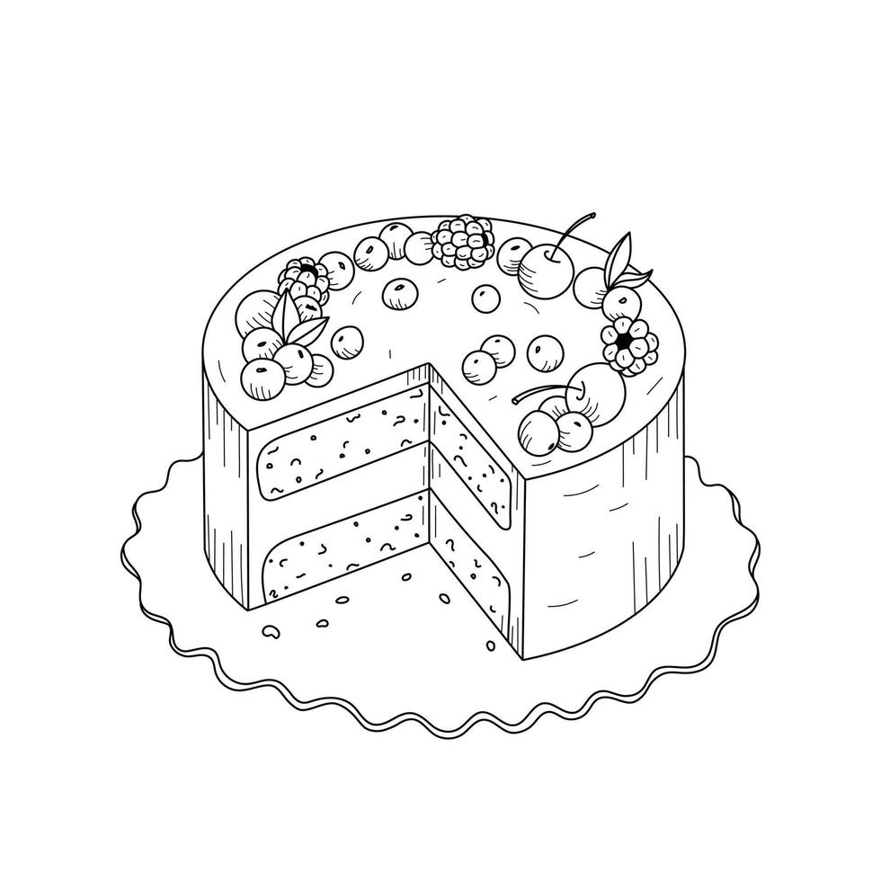 pastel decorado con bayas. boceto, contorno sobre fondo blanco. postre para el diseño de pastelería. vector