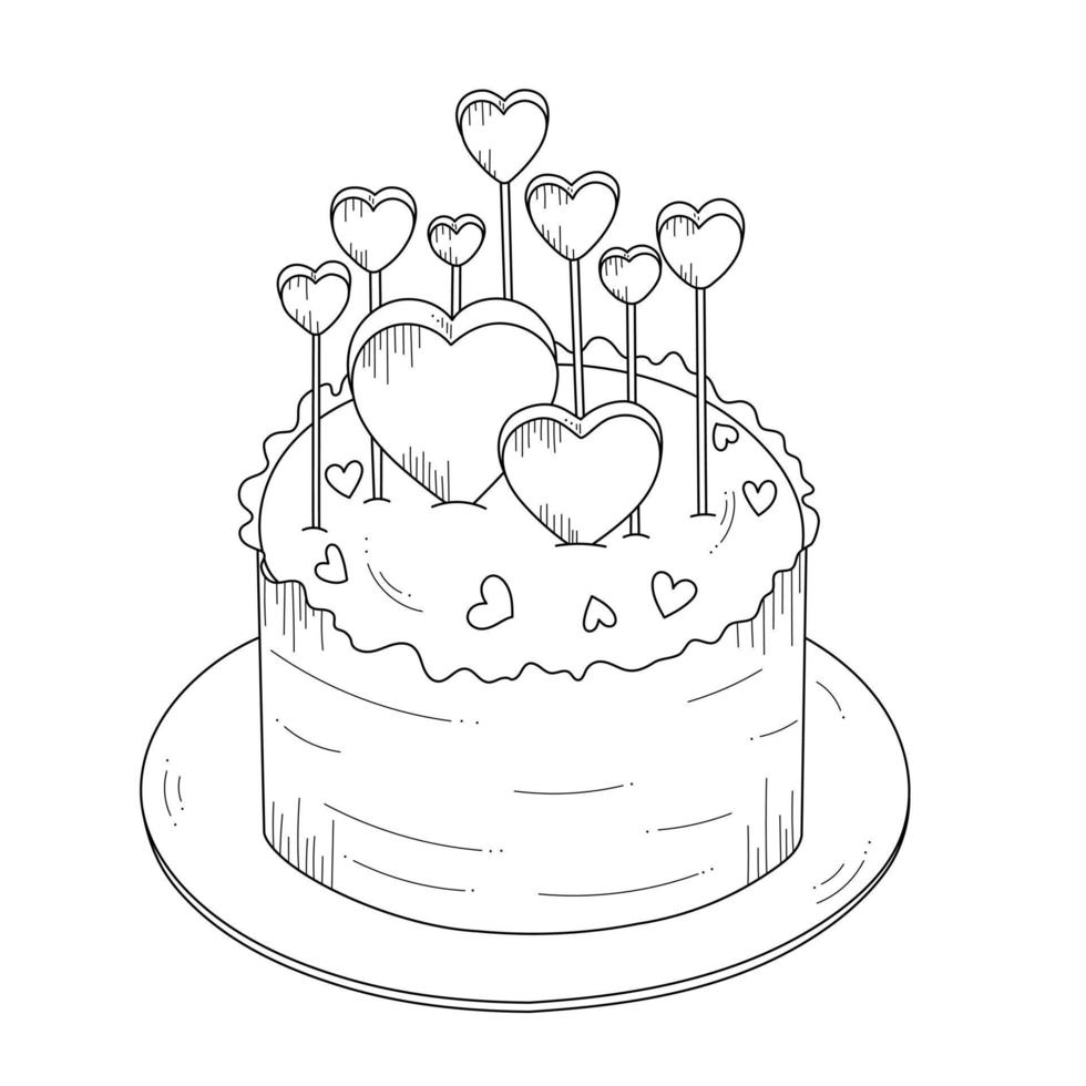 Cake decorated with hearts. Sketch, outline on white background