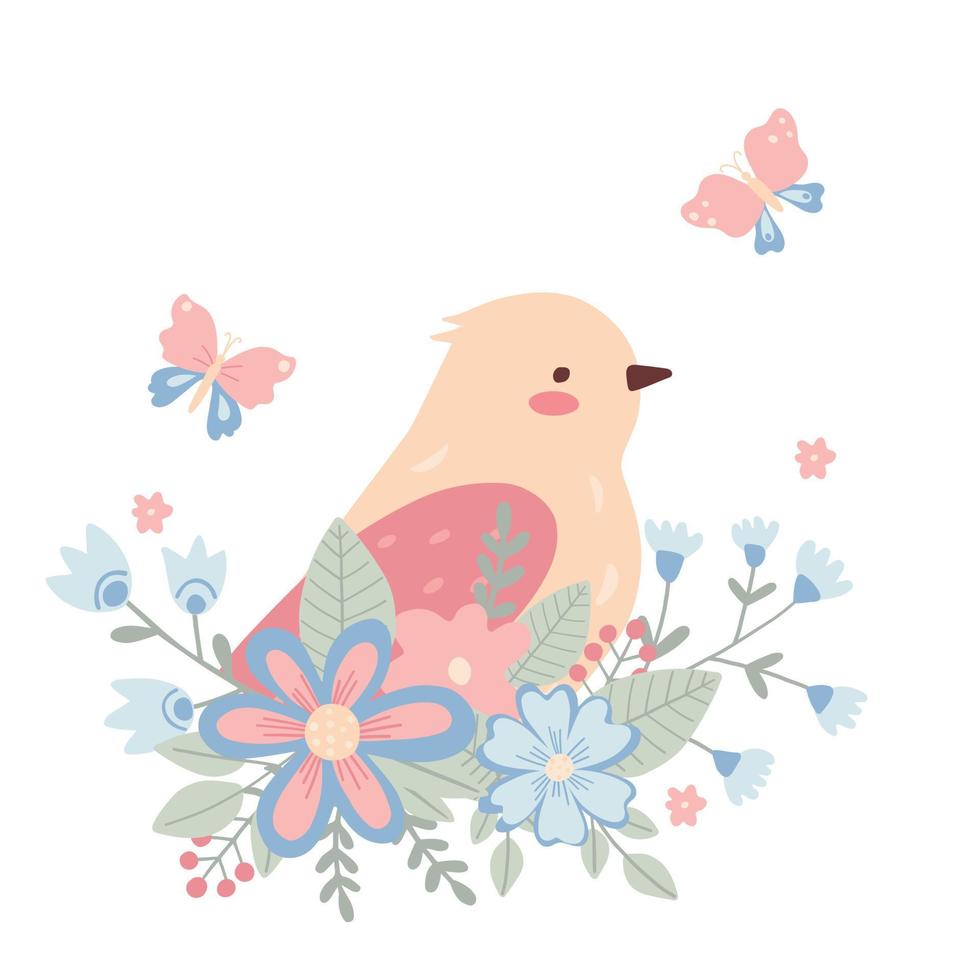 lindo pajarito rosa en flores. pajarito infantil para el diseño y la impresión de los niños. vector