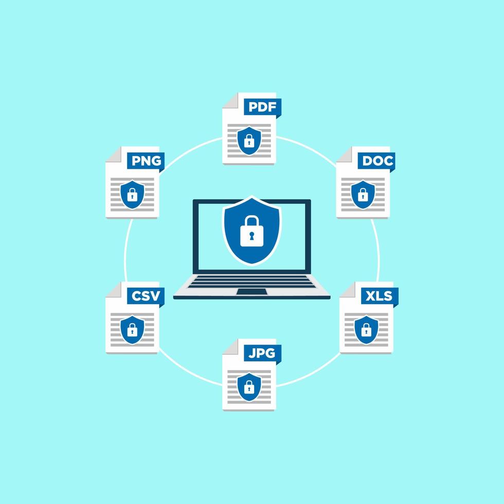 File Data Security concept. Creative flat icons set, icons set graphic elements for web banners, web sites, infographics. Laptop with shield and lock. Flat cartoon design vector