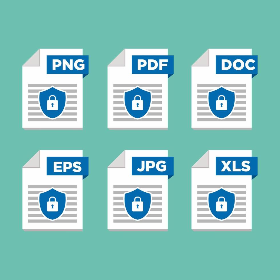 Security File type icons. Format and extension of documents. Set of pdf, doc, excel, png, jpg, psd, gif, csv, xls, ppt, html, txt and others. Icons for download on computer. Graphic templates for ui vector