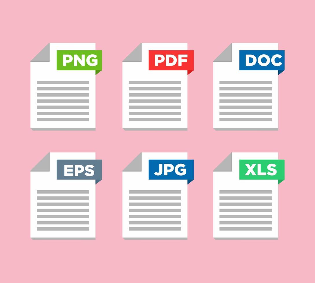 File type icons. Format and extension of documents. Set of pdf, doc, excel, png, jpg, psd, gif, csv, xls, ppt, html, txt and others. Icons for download on computer. Graphic templates for ui vector